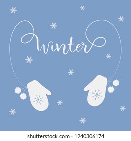  Wintergrußkarte. Zwei weiße Fäuste mit Pompoms und der Text "Winter". Konzept "Winter kam". Vektorgrafik auf blauem Hintergrund mit Schneeflocken.