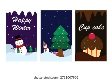 Winter greeting card vector with snowy landscape, snowflakes and festive decorations in a calm seasonal theme. Perfect for posters, invitations, social media, wrapping paper and holiday designs.