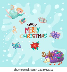 Winter greeting children card. The child angel from above, hedgehog with sweets and gifts around. Merry Christmas card. Design for banner or poster. Vector illustration concept.