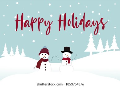 Winter greeting happy holiday concept with snowman and snowflake. Seasonal background template