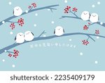 Winter greeting with  long-tailed Tits and red berries.Japanese translation is "I would like to visit Cold Weather"