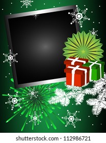 Winter greeting with present boxes, fir branch, green fireworks, snowflakes, green floral decoration and a black empty frame. Winter card