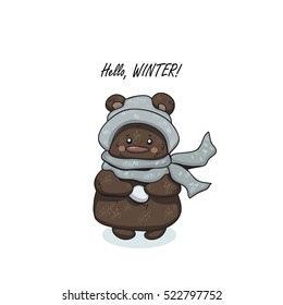 Winter greetings. Cute cartoon bear with snowballs on a white background. teddy bear in winter hat and scarf for greeting card Happy New Year and Merry Christmas. Vector illustration