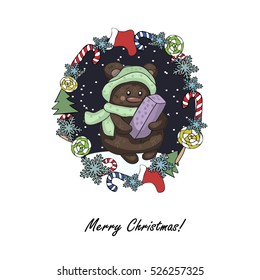 Winter greetings. Cute cartoon bear with a gift in the background with sweets. teddy bear in winter hat and scarf for greeting card Happy New Year and Merry Christmas. Vector illustration