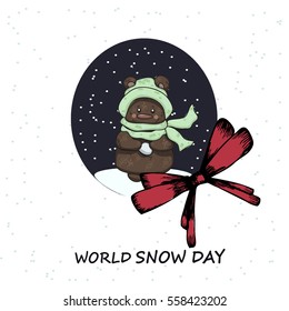 Winter greetings. Cute cartoon bear with snowballs on a white background. teddy bear in winter hat and scarf for greeting card Happy New Year and Merry Christmas.  Vector llustration