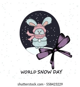 Winter greetings. Cute cartoon  rabbit with snowballs on a white background. teddy  in winter hat and scarf for greeting card Happy New Year and Merry Christmas. Vector illustration