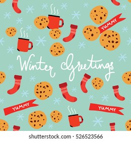 Winter Greetings! Vector seamless pattern with christmas attributes and lettering