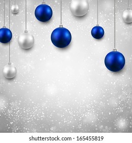 Fondo gris invernal con bolas de navidad de plata y azul. Ilustración vectorial.  
