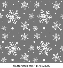 Winter grey background with white snowflakes. For textile, paper, scrapbooking, wrapping, web and print design. Seamless pattern. Vector illustration. Christmas and New Year design