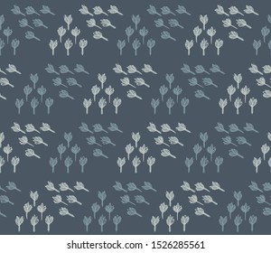 Winter Grey Garden Leaf Seamless Pattern. Tossed Hand Drawn Flower Petal Stem for Trendy Background. Steel Gray Cool Blue Muted Tone. All Over Print for Ditsy Prairie Style Textile. Vector Tile Eps10