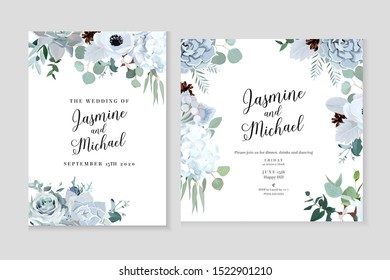 Winter grey and green jade color vector design cards. Echeveria succulent, anemone, hydrangea, cotton, brunia, rose, eucalyptus, greenery. Trendy pastel wedding frames collection.Isolated and editable