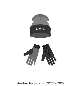 Winter grey hat and gloves on white background. Vector winter gloves.