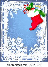 Winter grunge frame and christmas boot filled with gifts