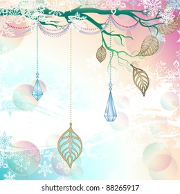 Winter grungy background with blue branch and last leaves