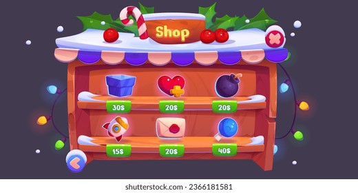 Wintergui-Spiel-Schnittstelle für mobile App-Shop. Ui Holzrahmen mit Schnee, Garland, Heilig-und Beerenfantasiefenster Illustration. Cute 2d Weihnachtsbausteine Zeltlager Holzbanner für User Menu Design.