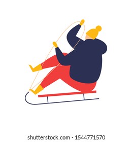 Winter guy rides on a sled, fun. Flat style vector illustration.
