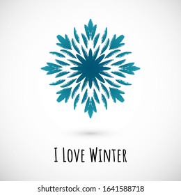 Winter hand draw blue snowflake icon with text on vignette background. Simple doodle design. Vector illustration with nice phrase for winter holidays card and events, wrapping paper and textile.