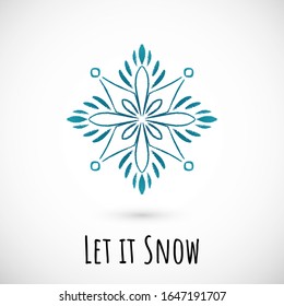La mano del invierno dibuja un icono azul de copo de nieve con texto sobre fondo de viñeta. Diseño simple de garabatos. Ilustración vectorial con una frase agradable para las vacaciones de invierno, tarjetas y eventos, papel de envolver y textiles.
