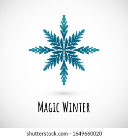 Winter hand draw blue snowflake icon with text on vignette background. Simple doodle design. Vector illustration with nice phrase for winter holidays card and events, wrapping paper and textile.