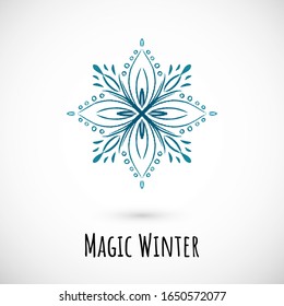 Winter hand draw blue snowflake icon with text on vignette background. Simple doodle design. Vector illustration with nice phrase for winter holidays card and events, wrapping paper and textile.