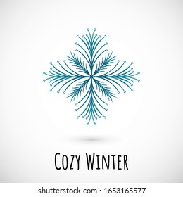 La mano del invierno dibuja un icono azul de copo de nieve con texto sobre fondo de viñeta. Diseño simple de garabatos. Ilustración vectorial con una frase agradable para las vacaciones de invierno, tarjetas y eventos, papel de envolver y textiles.