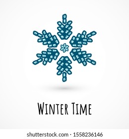 Winter hand draw card with blue snowflake and nice phrase Let it Snow. Symbol of winter, cold and holidays. Simple winter elements for events, cards, wrapping paper and print. Vector illustration.