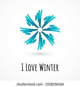 Winter hand draw card with blue snowflake and nice phrase I Love Winter. Symbol of winter, cold and holidays. Simple winter elements for events, cards, wrapping paper and print. Vector illustration.