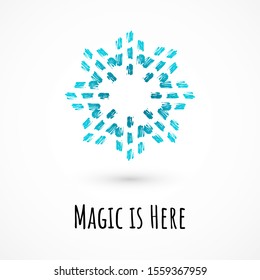 Winter hand draw card with blue snowflake and nice phrase Magic is Here. Symbol of winter, cold and holidays. Simple winter elements for events, cards, wrapping paper and print. Vector illustration.