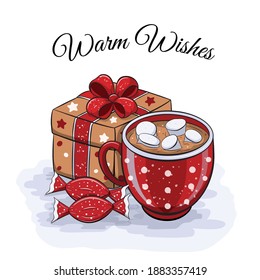 Winter hand drawn background with winter sweets and gift box, vector. Warm wishes quote.