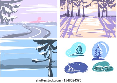 Winter hand drawn backgrounds Greeting cards set. Vector winter nature backgrounds