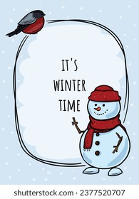 Winter hand drawn bright vector illustration, card with bullfinch bird and cute snowman