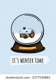 
Winter hand drawn bright vector illustration of New Year and Christmas snowy glass ball with house