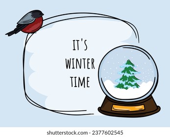 Winter hand drawn bright vector illustration, postcard with bullfinch and snow globe with Christmas tree