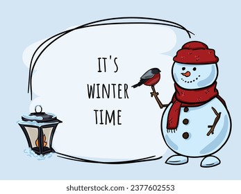 
Winter hand drawn bright vector illustration, postcard with snowman, bullfinch and street lantern