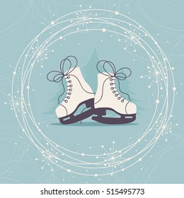 Winter Hand Drawn  Card With Ice Skates And Snowflakes. 