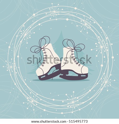 Winter Hand Drawn  Card with Ice Skates and Snowflakes. 