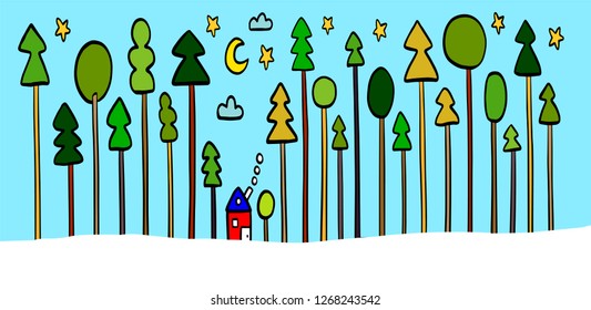 Winter hand drawn day landscape illustration house in the forest