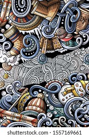 Winter hand drawn doodle banner. Cartoon detailed flyer. Cold season objects and symbols illustrations. Color vector design elements background