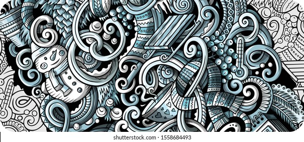 Winter hand drawn doodle banner. Cartoon detailed flyer. Cold season objects and symbols illustrations. Graphics vector design elements background