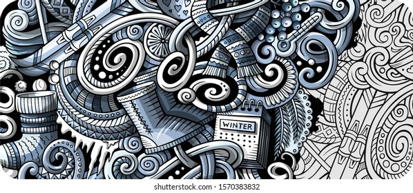 Winter hand drawn doodle banner. Cartoon detailed flyer. Cold season objects and symbols illustrations. Graphics vector design elements background