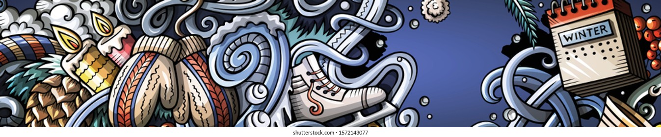 Winter hand drawn doodle banner. Cartoon detailed flyer. Cold season objects and symbols illustrations. Color vector design elements background