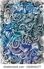 Afiche de doodle dibujado a mano en invierno. Folleto detallado. Ilustraciones de objetos y símbolos de la época fría. Fondo de diseño de vectores gráficos
