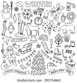 Winter hand drawn doodle set. Vector illustration for backgrounds, web design, design elements, textile prints, covers