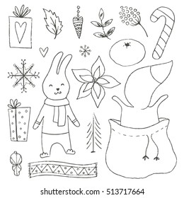 Winter hand drawn elements collection. Black vector illustration on white background. Christmas theme.