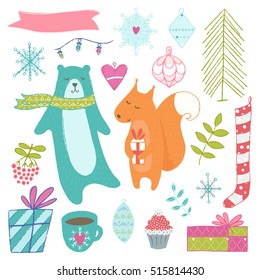 Winter hand drawn elements collection. Color vector illustration on white background. Christmas theme.