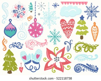 Winter hand drawn elements collection. Color vector illustration on white background. Christmas theme.