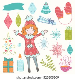 Winter hand drawn elements collection. Color vector illustration. Christmas theme.