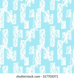 Winter hand drawn geometrical seamless vector pattern. Ornament made of rectangle rough strokes with grunge texture. Blue and white. Textured background.