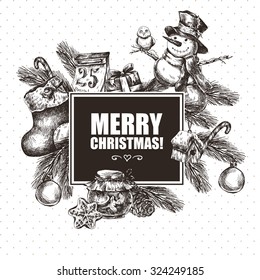 Winter hand drawn greeting card with Christmas elements, Snowman Spruce Socks Candy Jam Pine cone, Vintage vector Merry Christmas and Happy New Year illustration