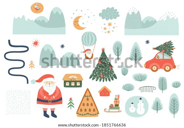 Winter hand\
drawn landscape creator. Christmas landscape elements set. Outdoor\
clipart. Houses, mountains,\
trees